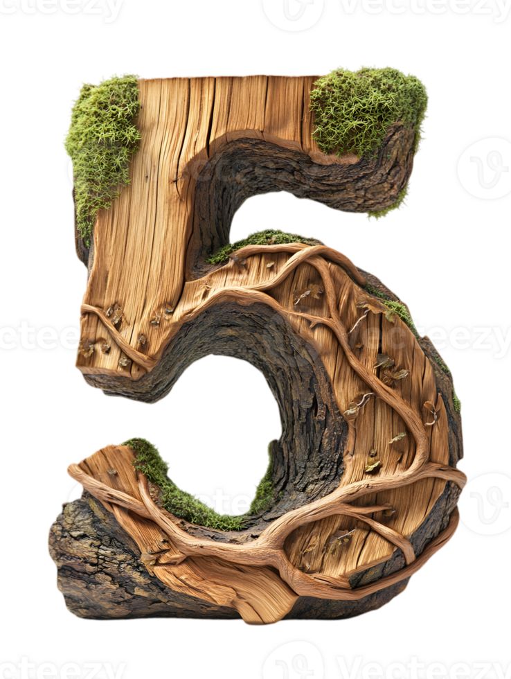 Wooden Number Five with Moss Growth Isolated on Transparent Background Detailed 3D Rendered Rustic Design Element Numeral Sign png