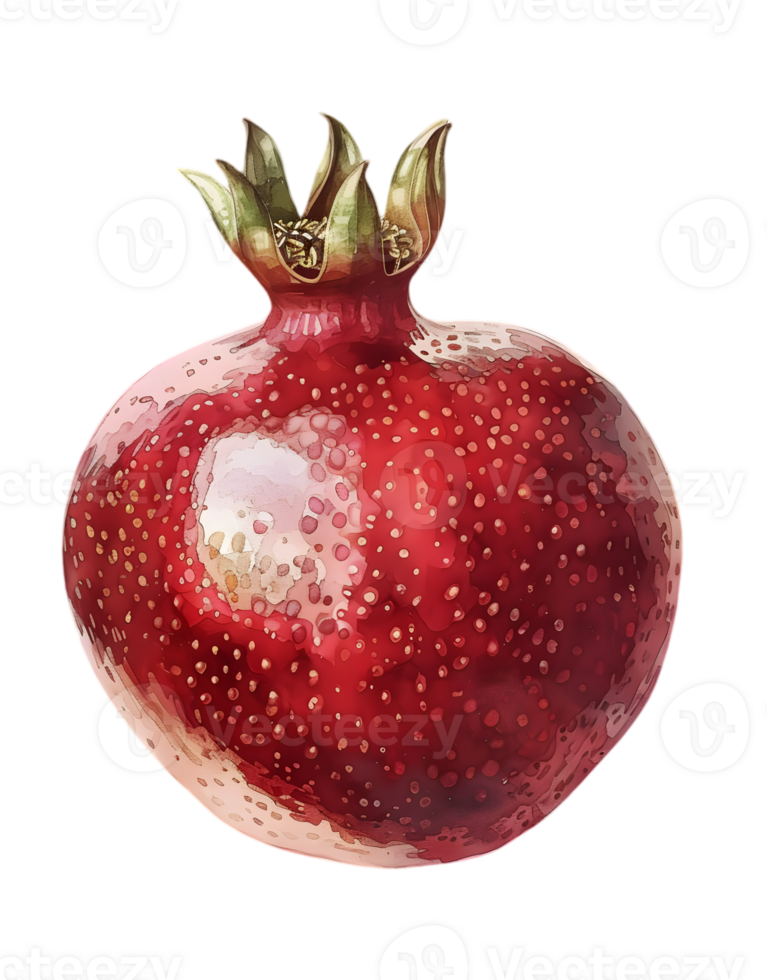 Watercolor Illustration of Ripe Red Pomegranate Fruit with Golden Seeds Isolated on Transparent Background png