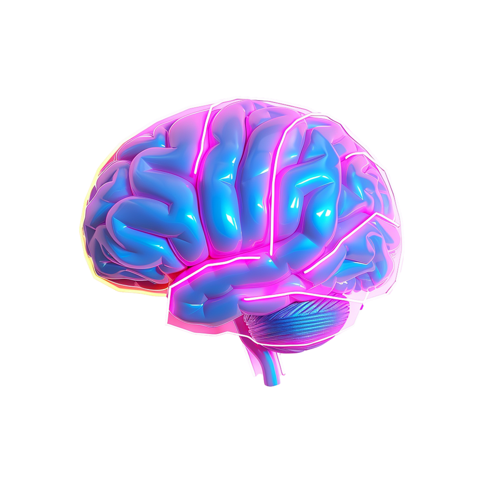 Vibrant 3D Render of a Human Brain with Neon Pink and Blue Highlights png