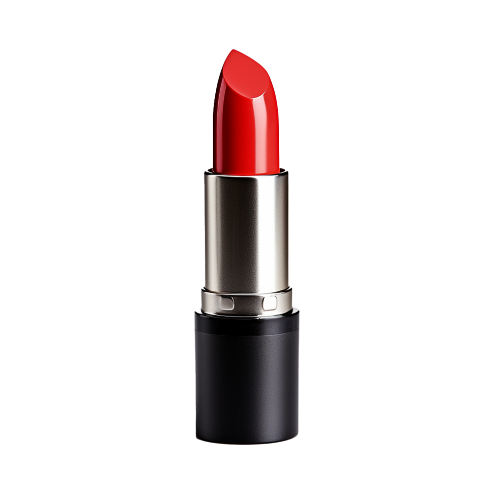 Classic Red Lipstick in Sleek Black and Silver Packaging A Beauty Product Shot Against White Background png