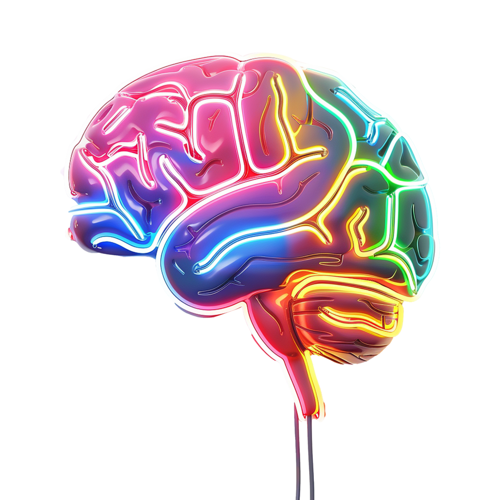 Vibrant Neon Brain Artwork A Colorful Representation of Human Intelligence and Neural Pathways png