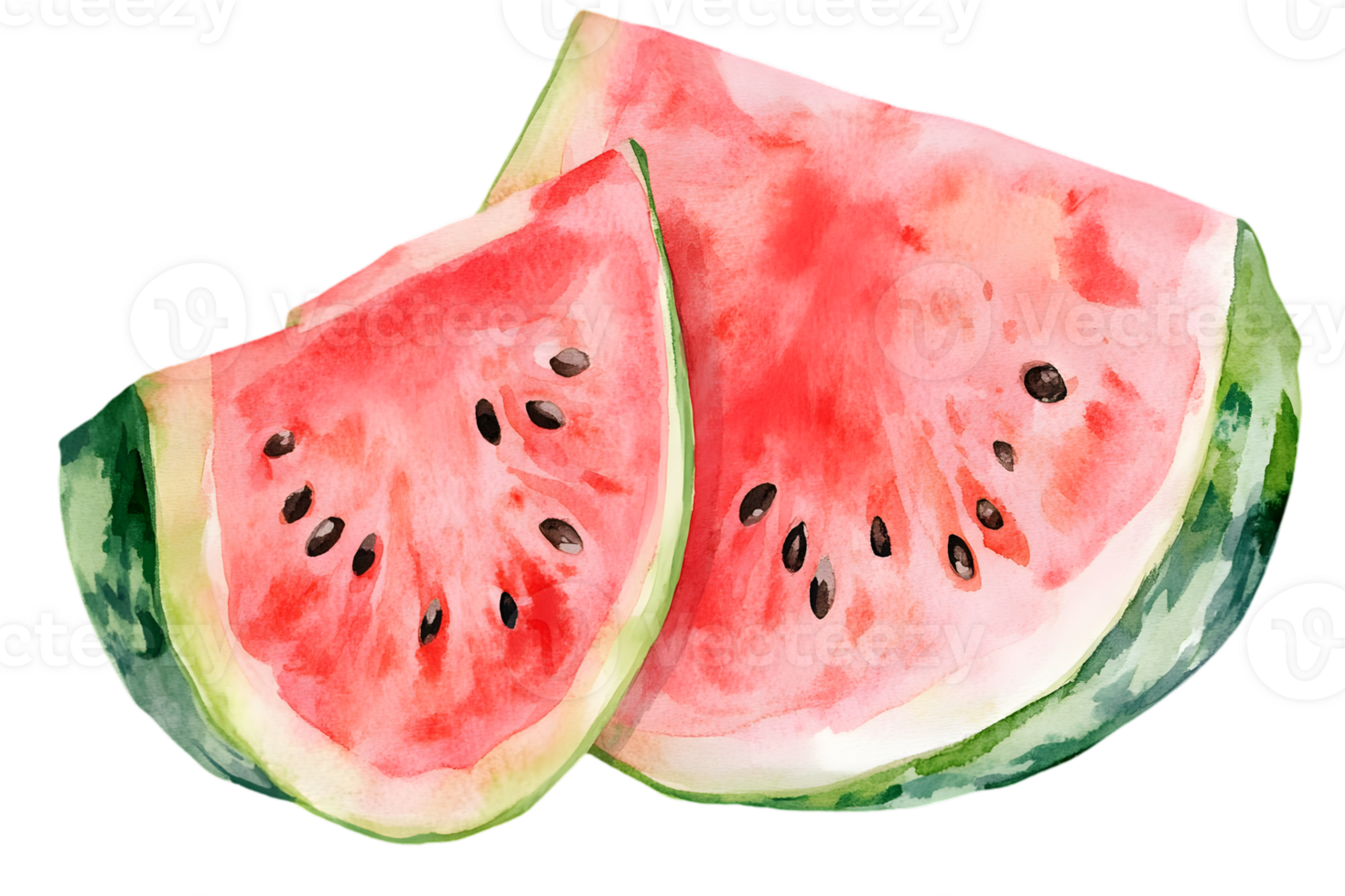 Watercolor Illustration of Two Slices of Juicy Watermelon with Pink Flesh Black Seeds and Green Rind on a Transparent Background png
