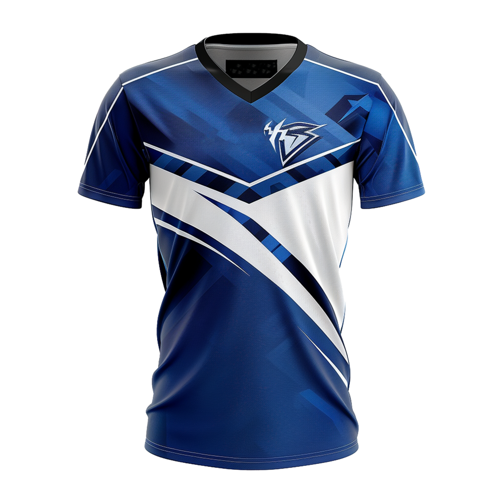 Stunning Blue and White Esports Jersey Design with VNeck and Modern Geometric Patterns png