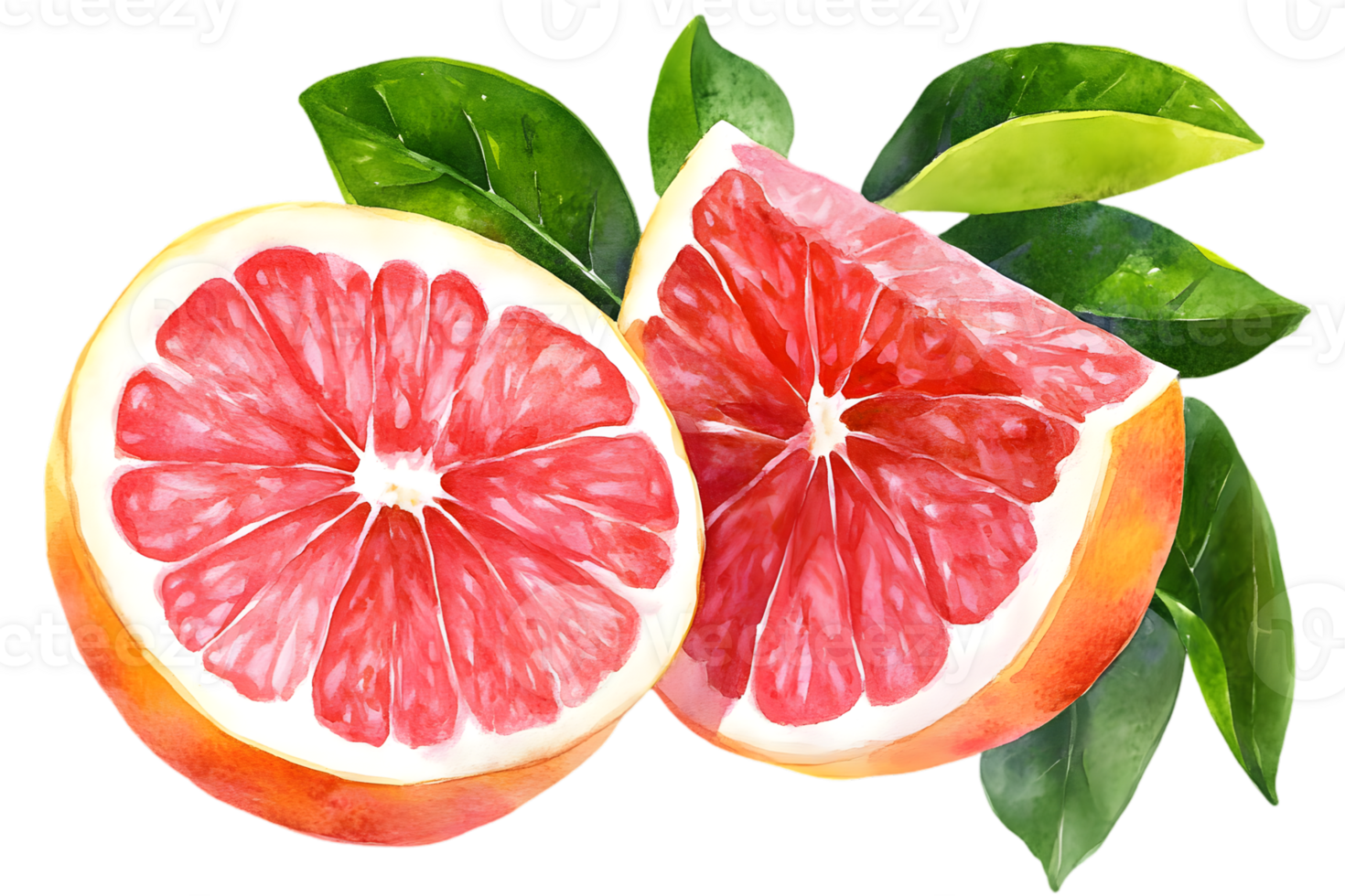 Watercolor Illustration of Sliced Grapefruit with Green Leaves on Transparent Background A Refreshing Citrus Fruit Rich in Vitamins png