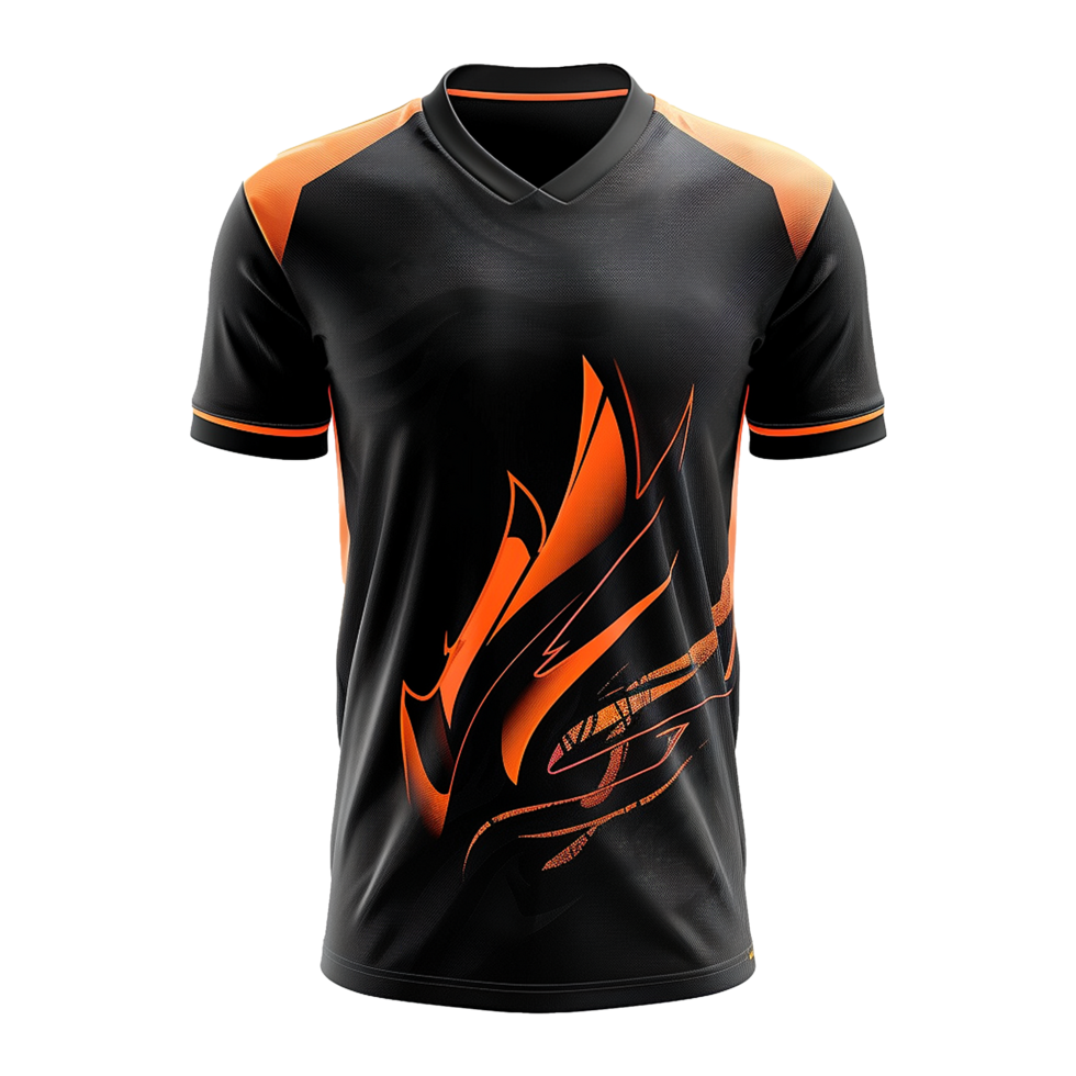 Black and Orange Sublimated Gaming Jersey Design with Flame Graphic png