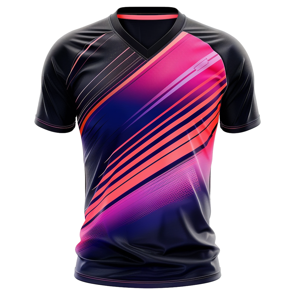 Stylish Sublimated VNeck Sports TShirt Design with Pink and Purple Gradient Stripes png