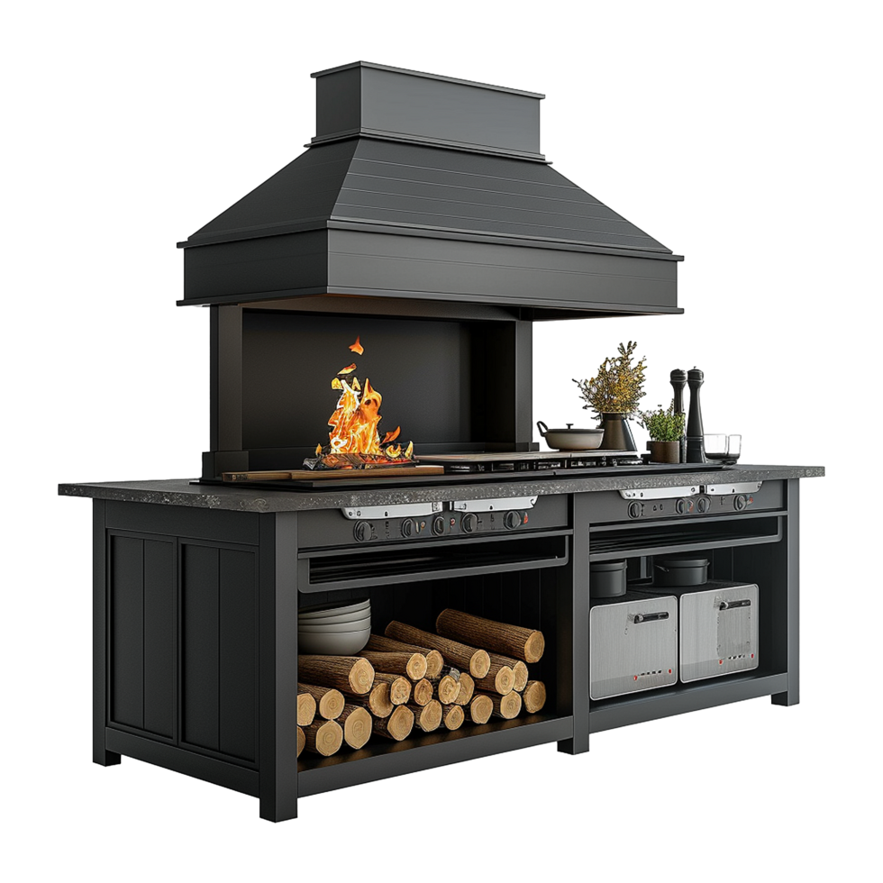 Modern Black Outdoor Kitchen Island with Built in Grill and Hood png