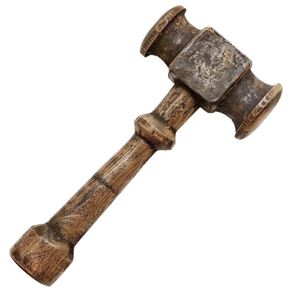 A Detailed Close Up View of an Antique Metal and Wood Hammer png