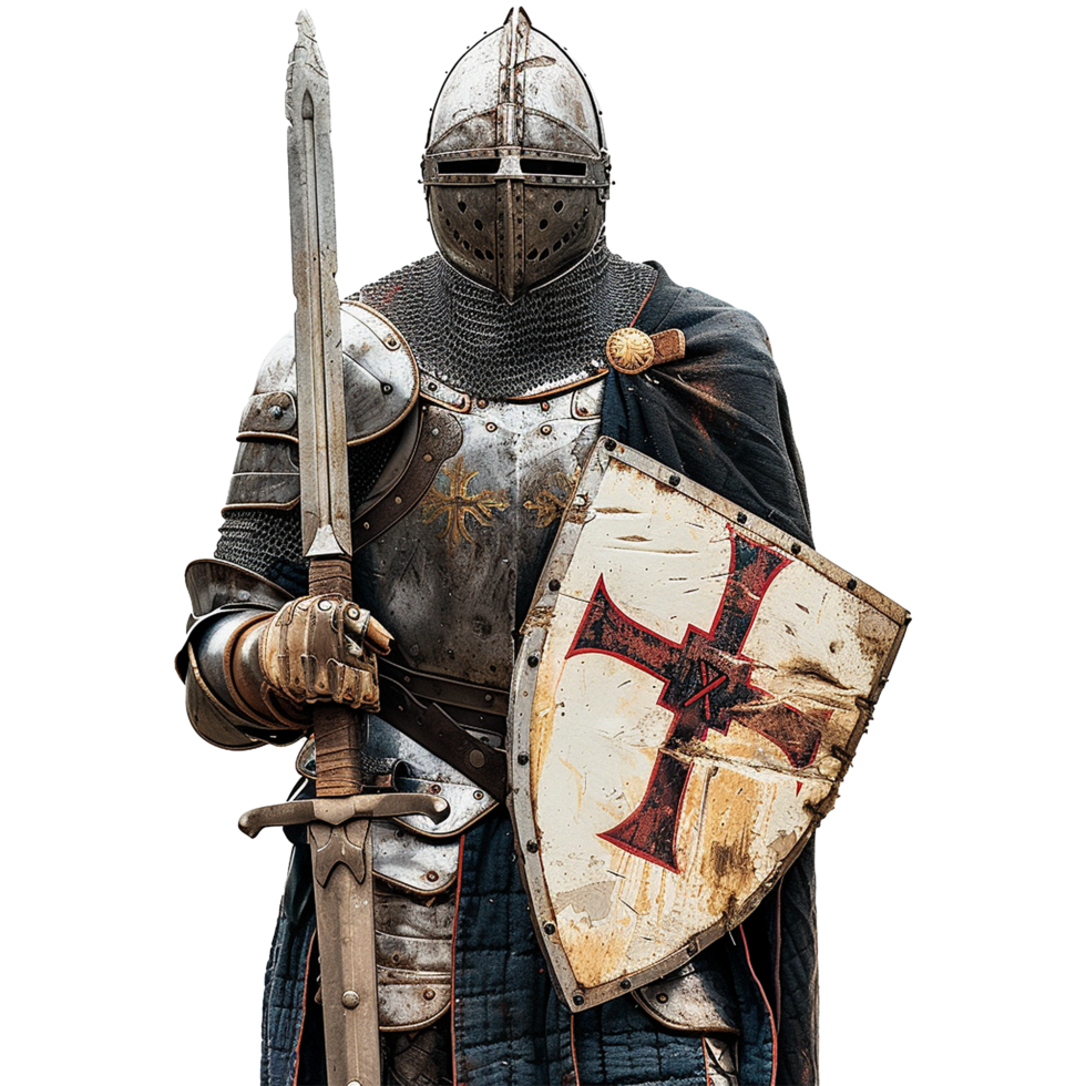 A Medieval Knight in Full Armor Holding a Sword and Shield png