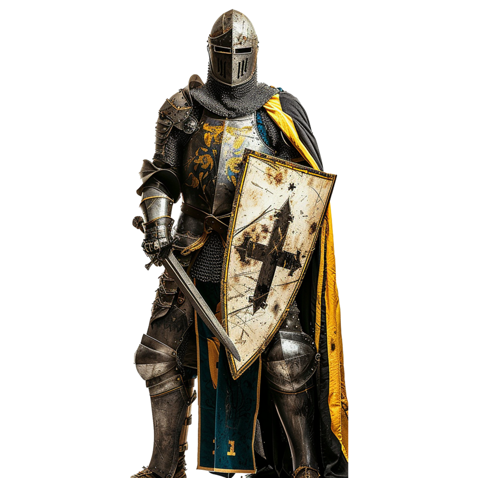 A medieval knight in full plate armor stands ready for battle, wielding a sword and shield png
