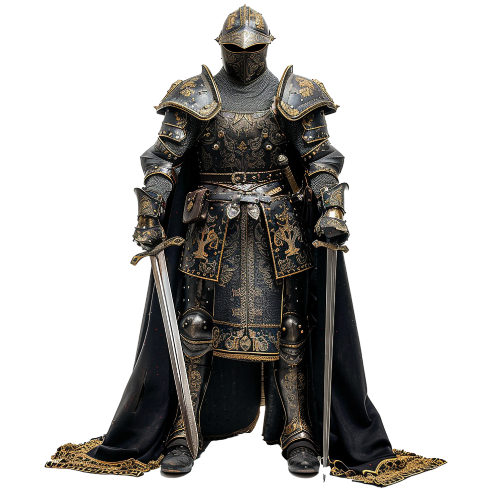 A Majestic Knight in Full Ornate Armor with Two Swords png