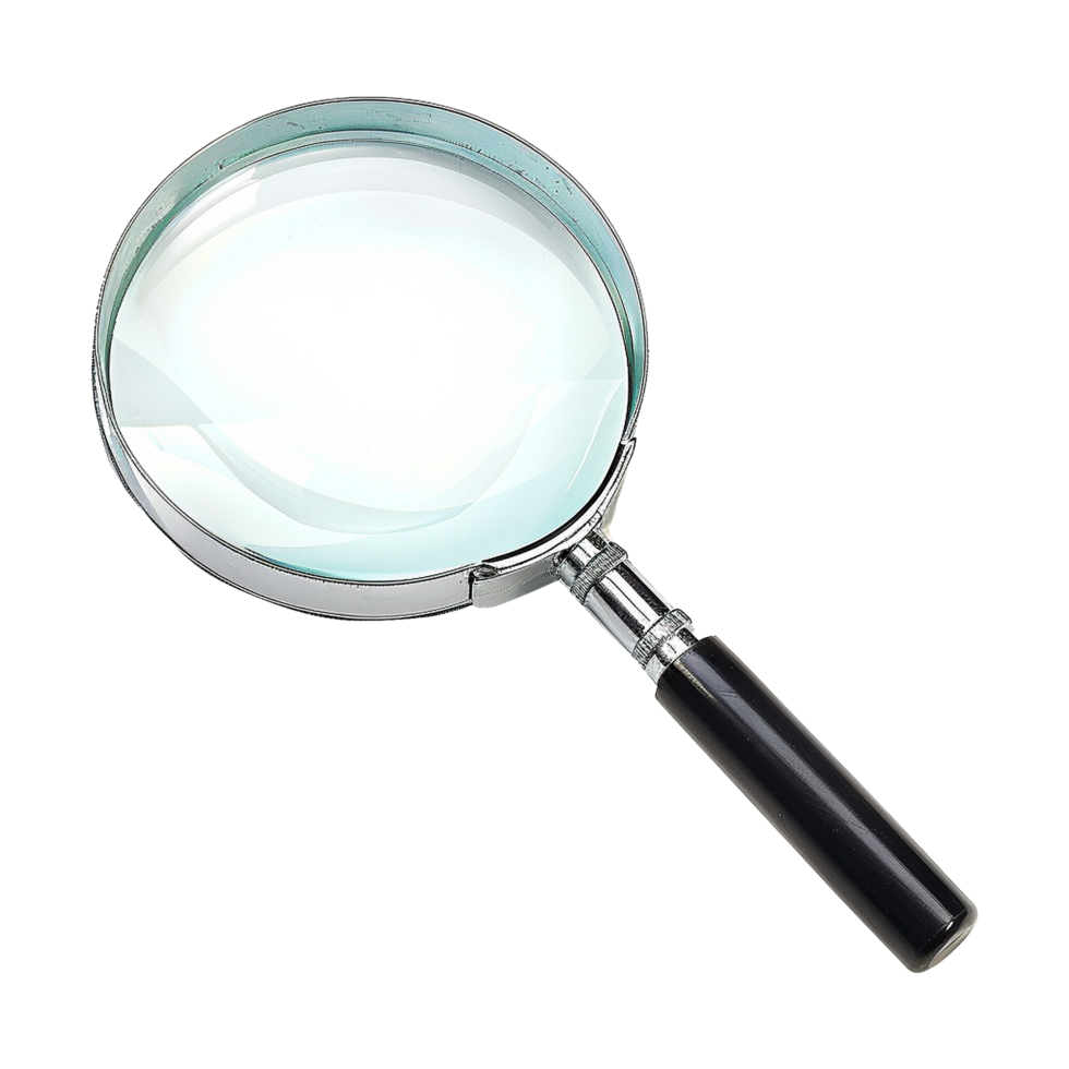 A Closeup View of a Handheld Magnifying Glass with a Black Handle and a Large Circular Lens png