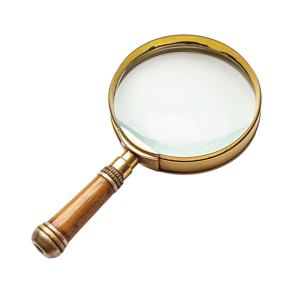 Antique Magnifying Glass with Wooden Handle and Gold Frame Closeup Detailed View png