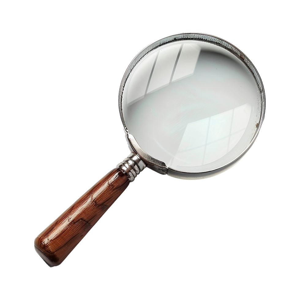 A Classic Handheld Magnifying Glass with a Wooden Handle and Metal Frame png