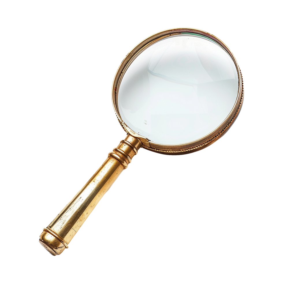 Antique Brass Magnifying Glass with Round Lens and Ornate Handle for Detailed Examination png
