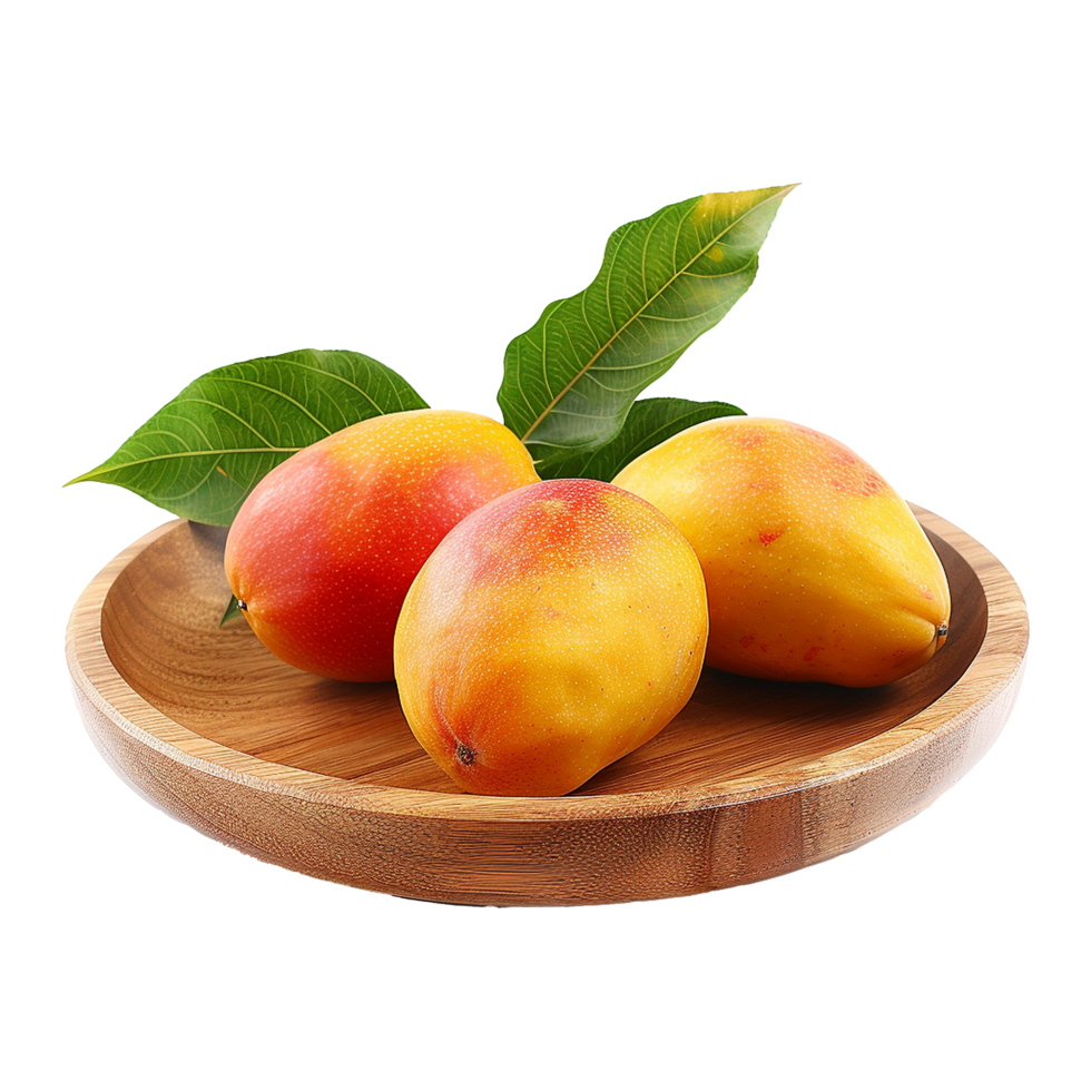 Three Ripe Mangoes on a Wooden Plate with Green Leaves png