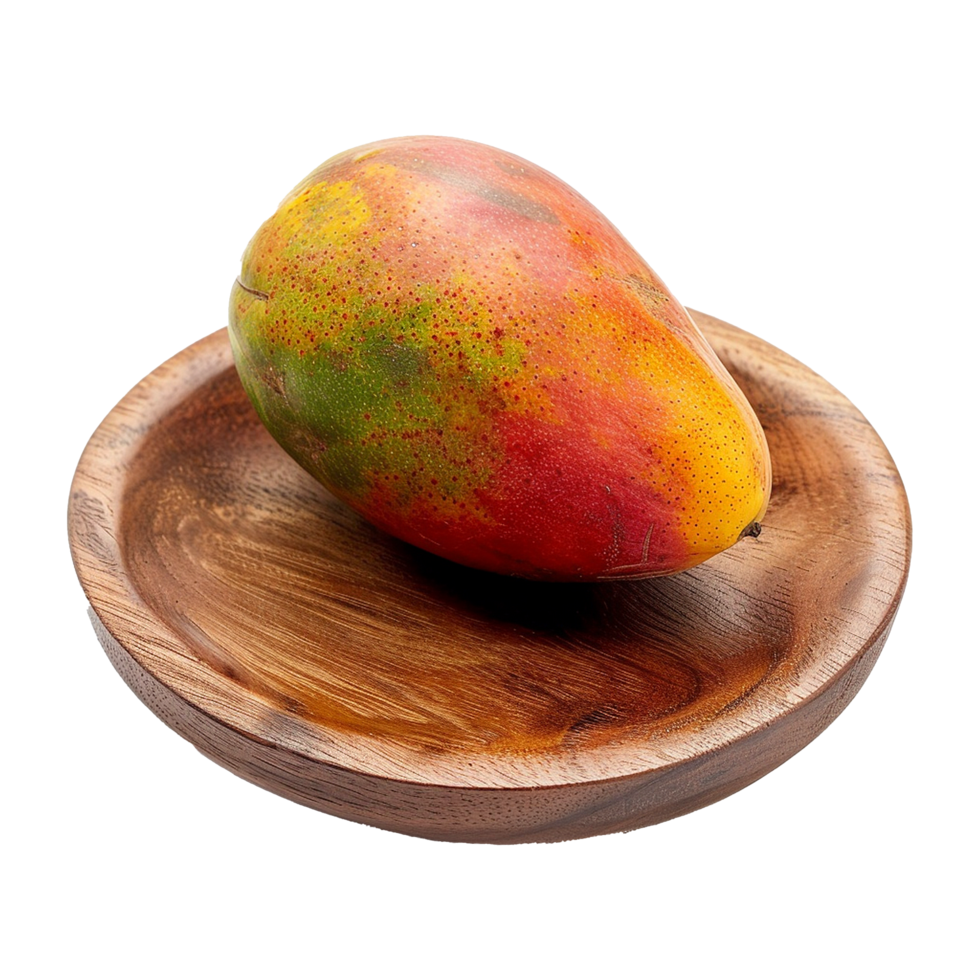 A single ripe mango rests on a rustic wooden plate against a bright background png