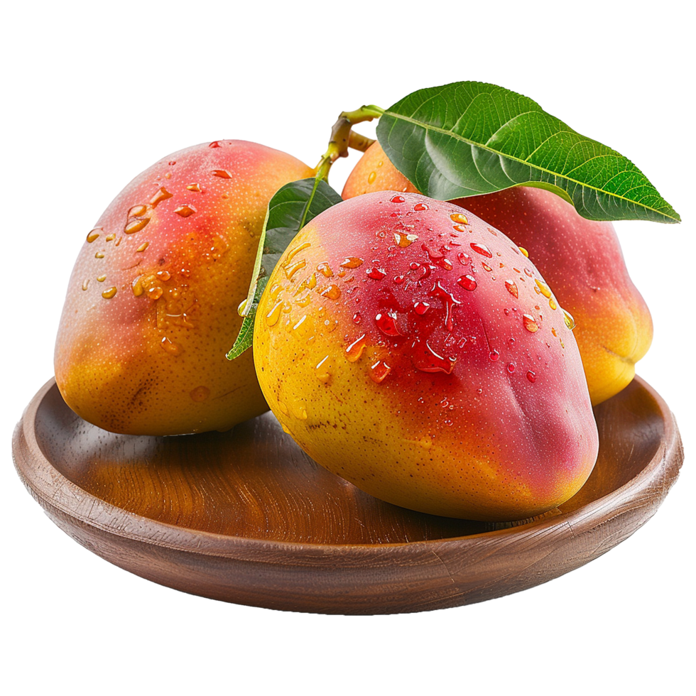Three Ripe Juicy Mangos on a Wooden Plate with Green Leaves png