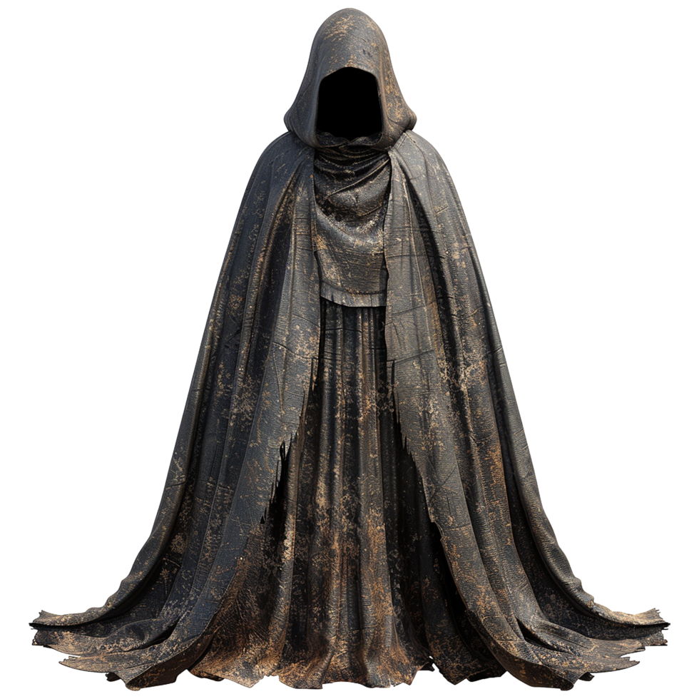 Mysterious Figure in a Dark and Distressed Hooded Cloak Rendered in 3D png