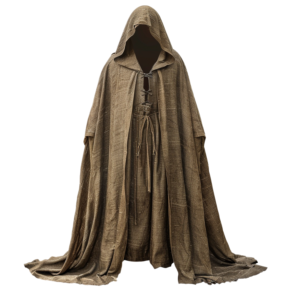 Medieval Hooded Cloak and Pants Outfit Brown Linen Fabric Costume png