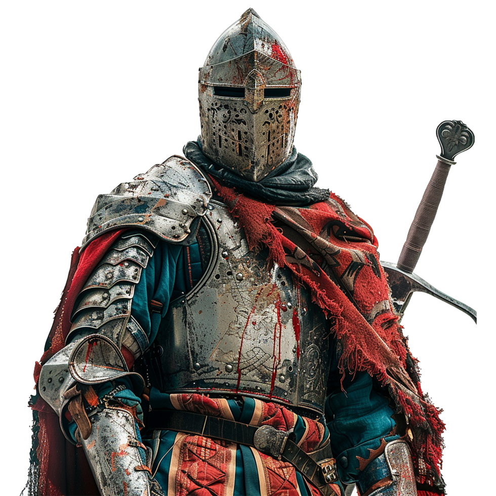A weathered medieval knight stands ready for battle clad in bloodstained armor png