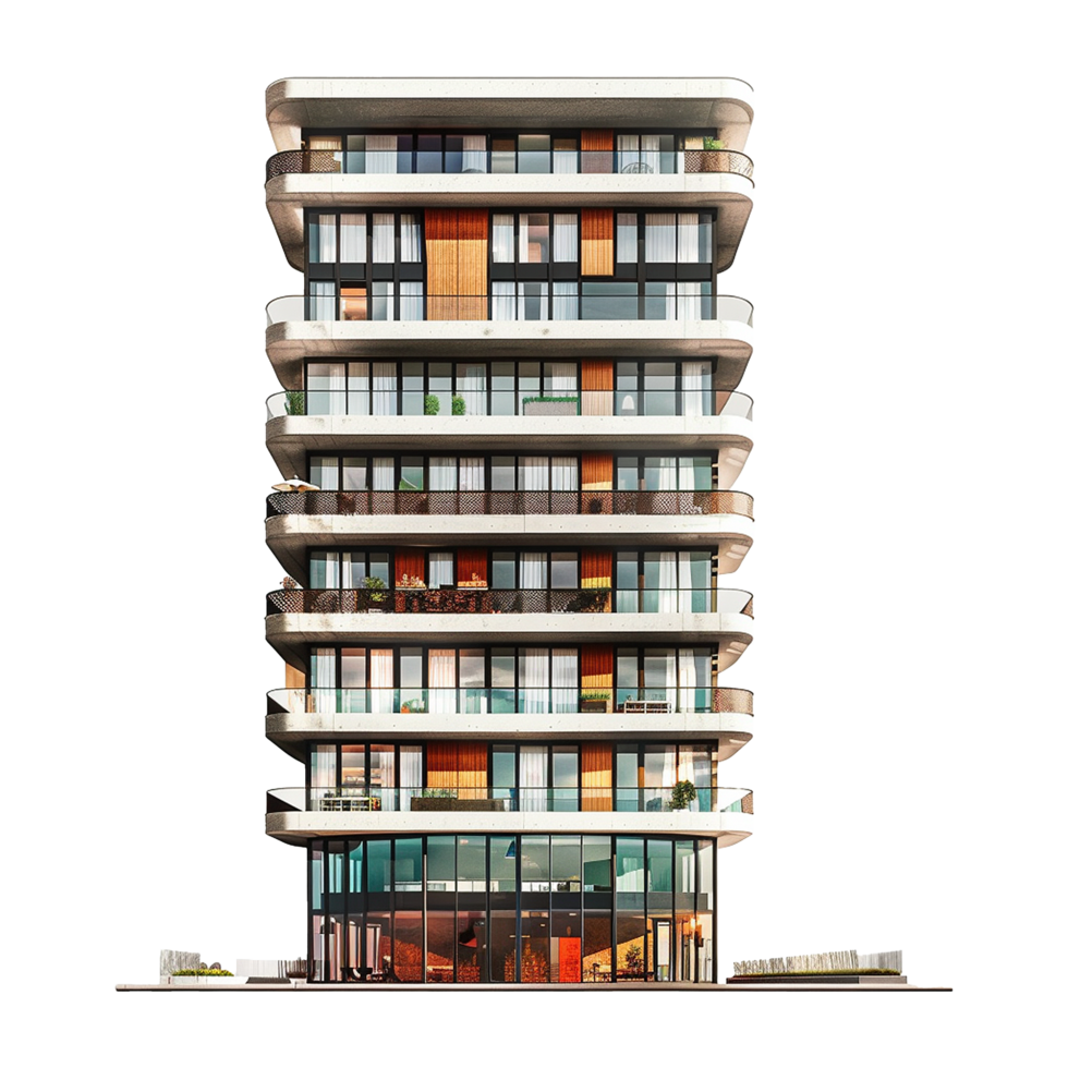 Modern Concrete Residential Highrise Building Architectural Rendering with Balconies and Large Windows png