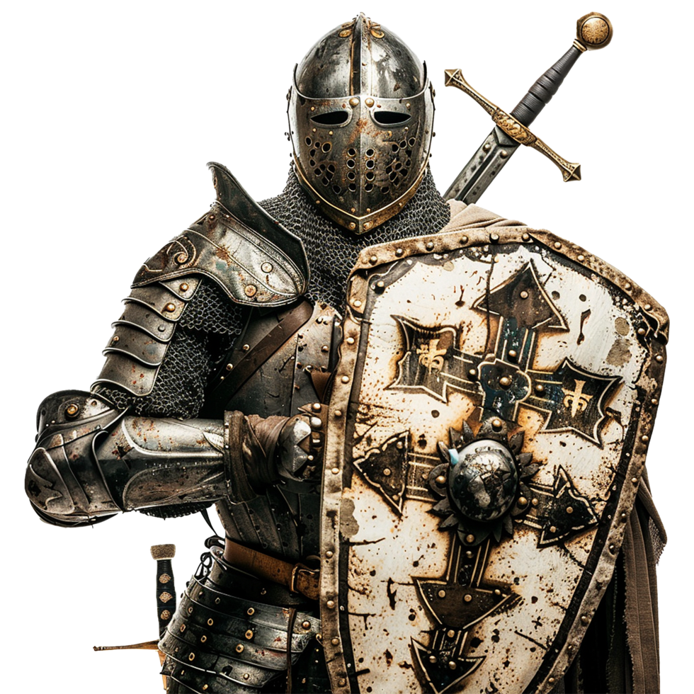 A medieval knight in full battle armor stands ready for combat, wielding a sword and shield png