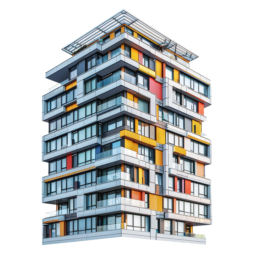 Modern Multicolored Apartment Building with Rooftop Terrace and Glass Balconies png