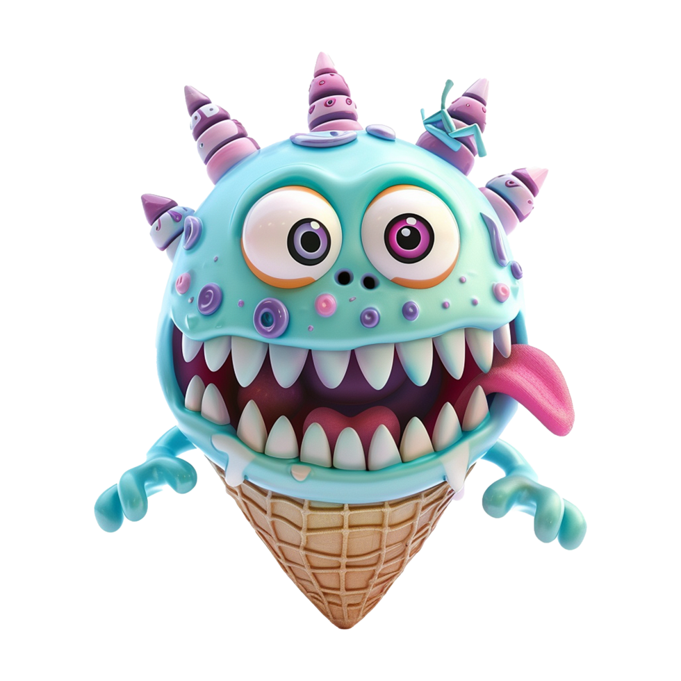 A whimsical 3D rendered ice cream monster with big teeth and a playful expression png