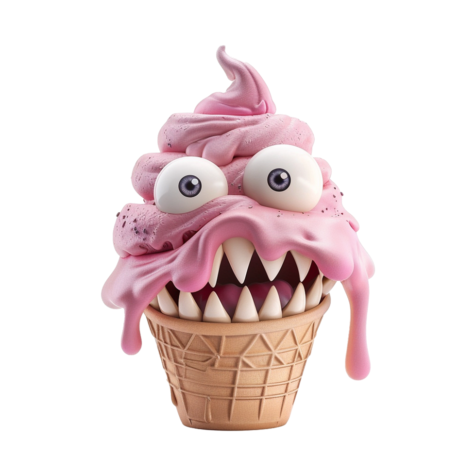 A terrifying pink ice cream monster with big eyes and sharp teeth, melting down a waffle cone png