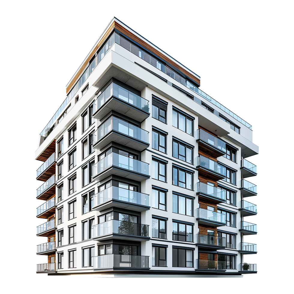 Modern Architectural Design of a Luxurious Apartment Building with Glass Balconies and Wooden Accents png