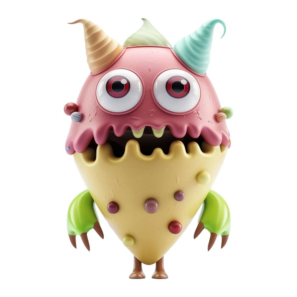 Adorable 3D Render of a Friendly Cartoon Monster with Ice Cream Cones and Candy Decorations png