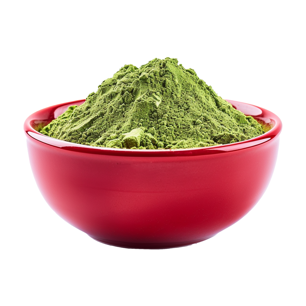A Red Bowl Filled with a Mound of Green Powdered Moringa png