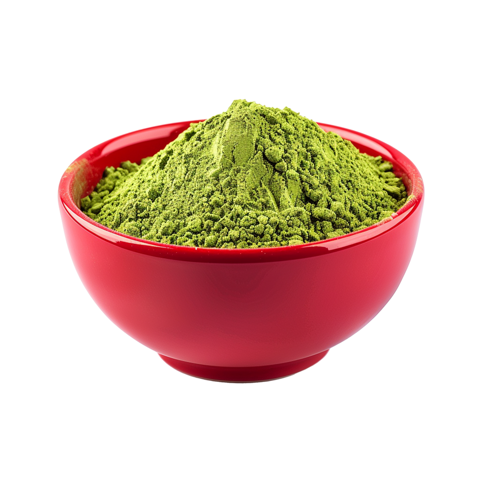 A red bowl filled with a generous amount of vibrant green matcha powder, a finely ground green tea powder, showcasing its rich texture and color against a white background png