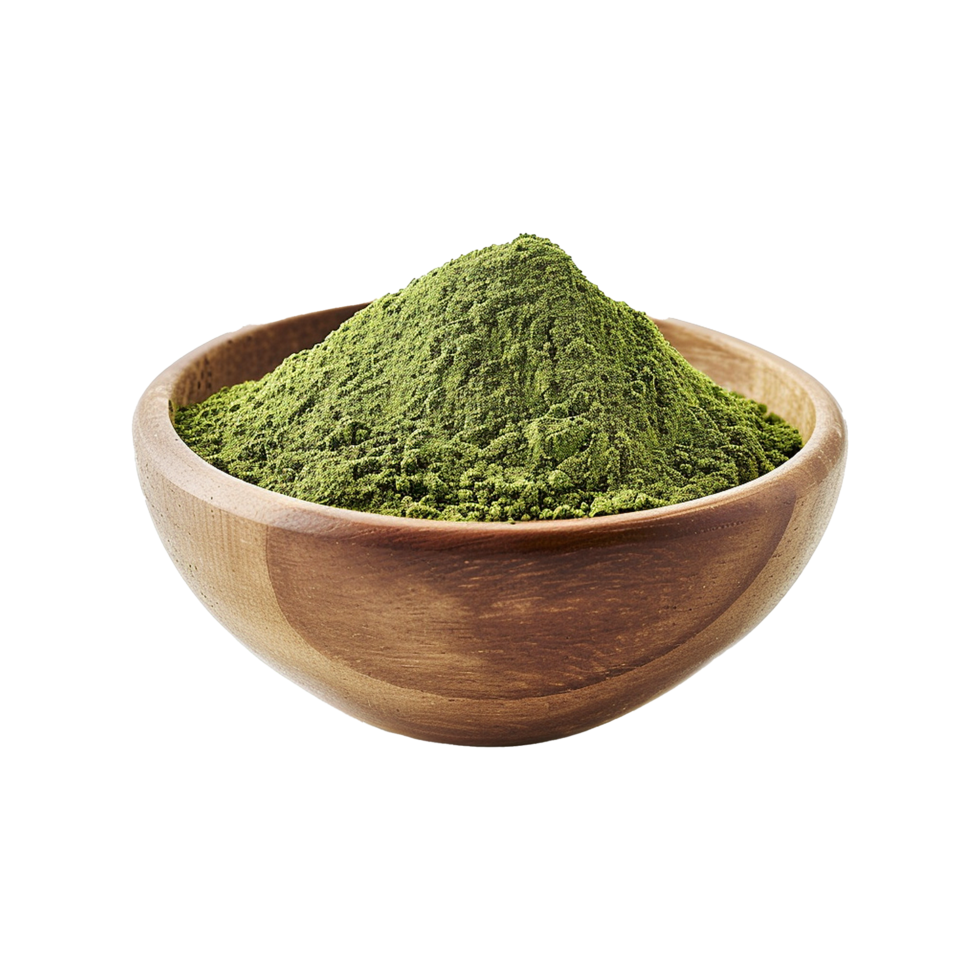 A Wooden Bowl Filled with a Mound of Dried Green Moringa Powder png
