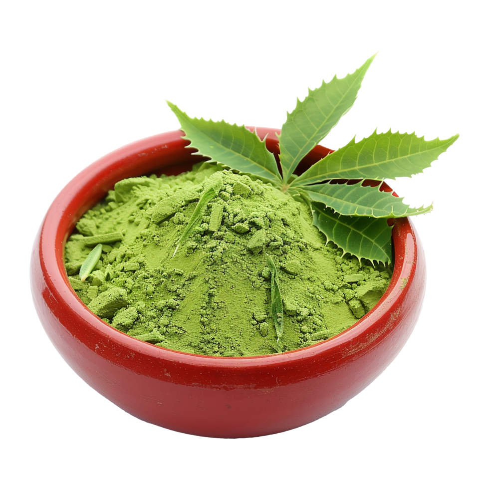 A Red Bowl of Neem Powder with Fresh Neem Leaves png