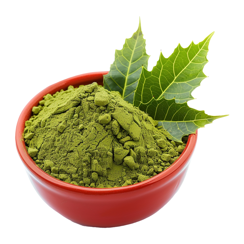 Organic Neem Powder in a Red Bowl with Fresh Neem Leaves png