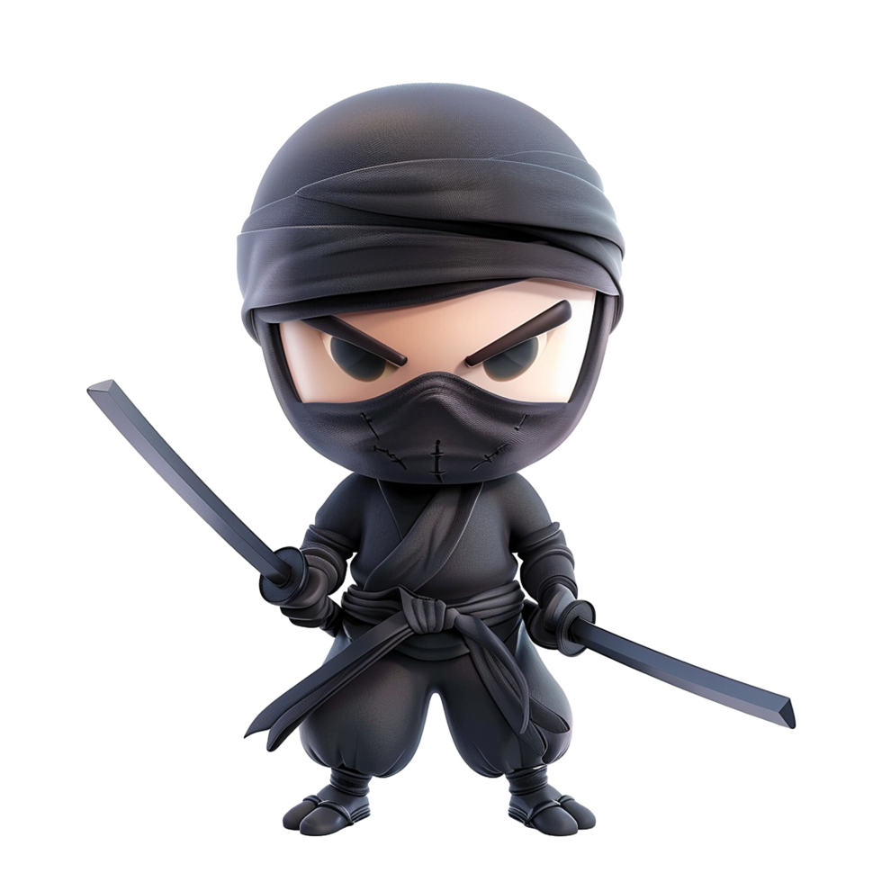 Adorable 3D Render of a Mini Ninja Warrior with Katana Swords png