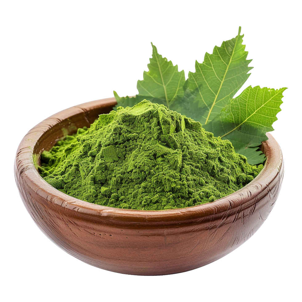 Organic Green Moringa Powder in a Wooden Bowl with Fresh Leaves png