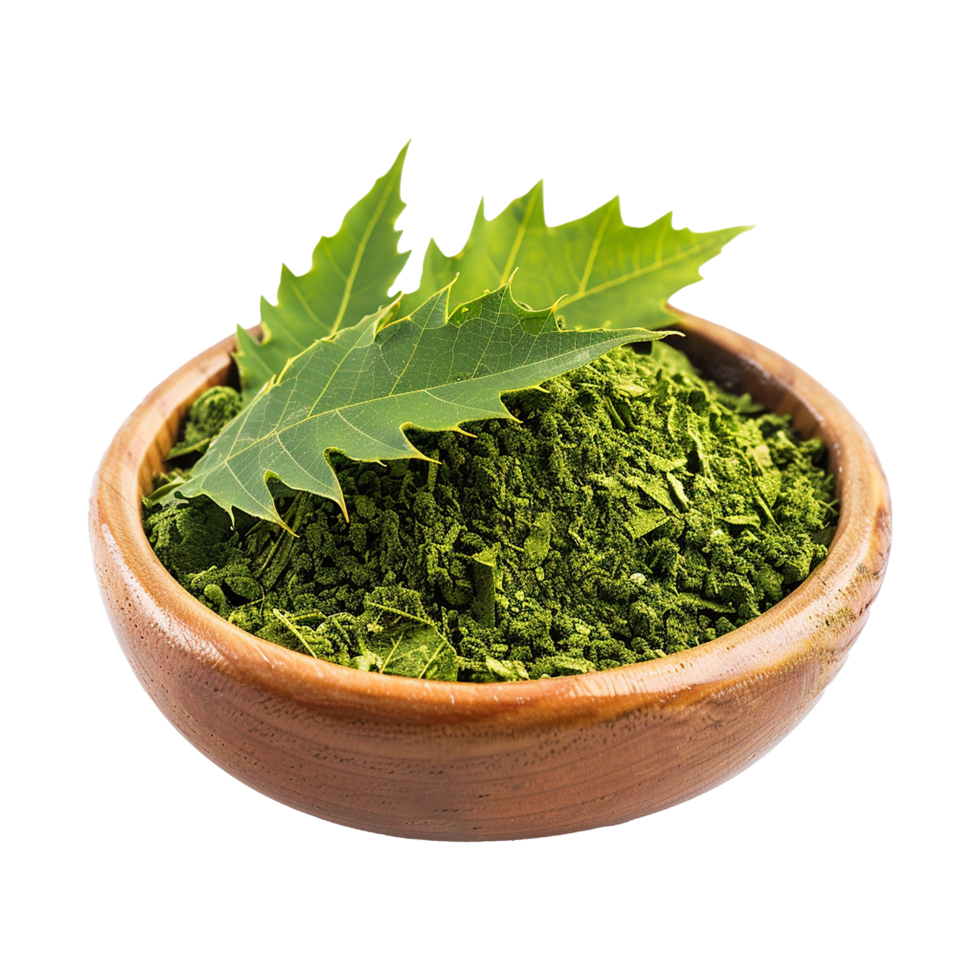 Organic Green Powder in Wooden Bowl with Fresh Leaves png