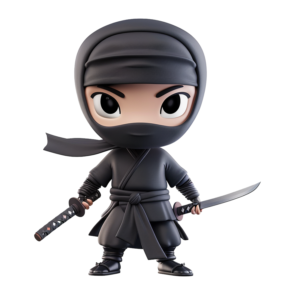 Adorable 3D Render of a Little Ninja Warrior Holding Two Swords png