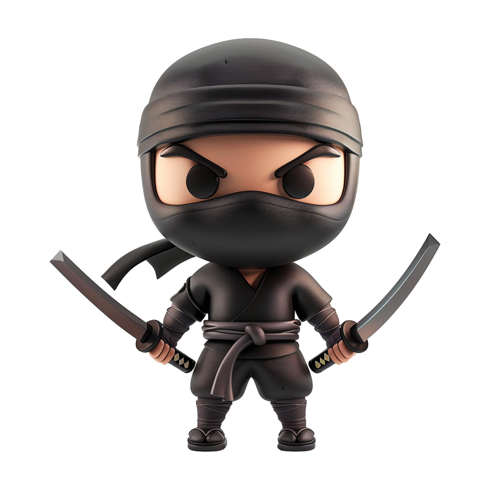 Adorable 3D Render of a Mini Ninja Warrior Holding Two Katanas png