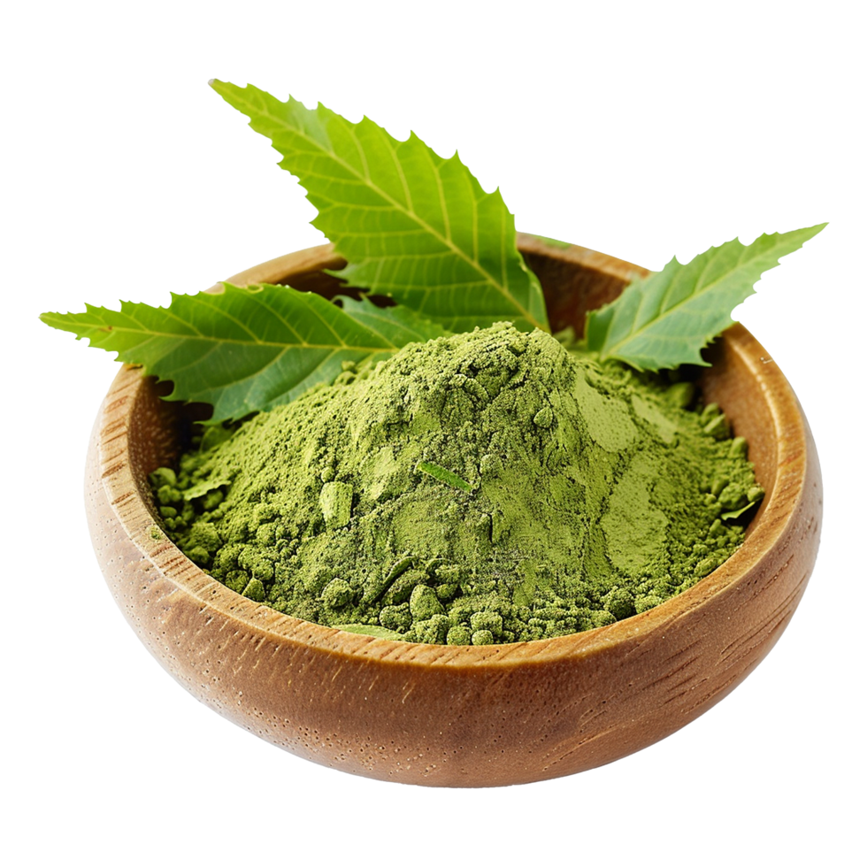 Organic Green Herbal Powder in Wooden Bowl with Fresh Leaves png