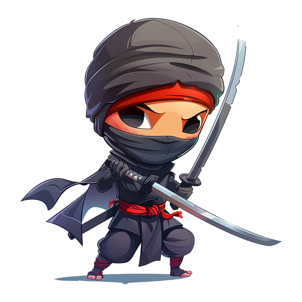 Adorable chibi ninja warrior wielding two katanas, ready for battle png