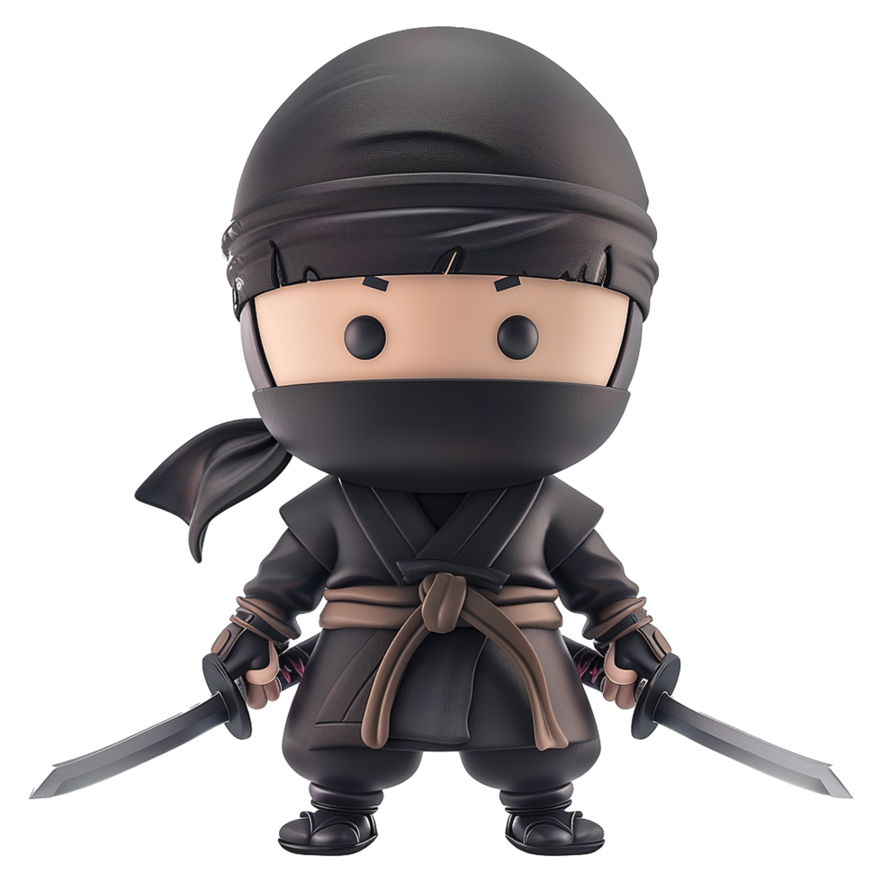 Adorable 3D Render of a Cute Ninja Cartoon Character Holding Two Katanas png