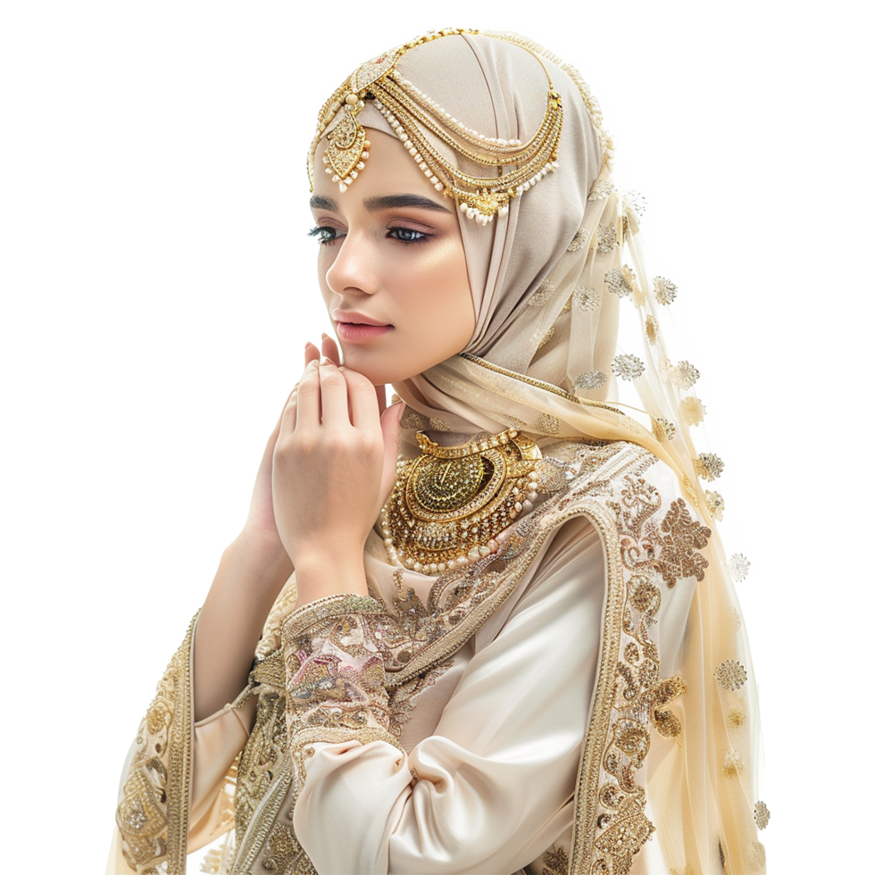 Stunning Muslim Bride in Elegant Cream and Gold Embroidered Outfit with Exquisite Jewelry png