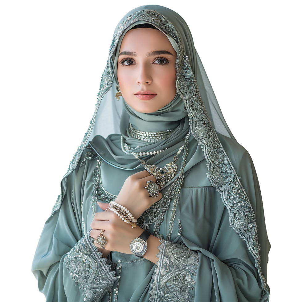 Elegant Muslim Woman in Luxurious Sage Green Abaya with Embellishments png