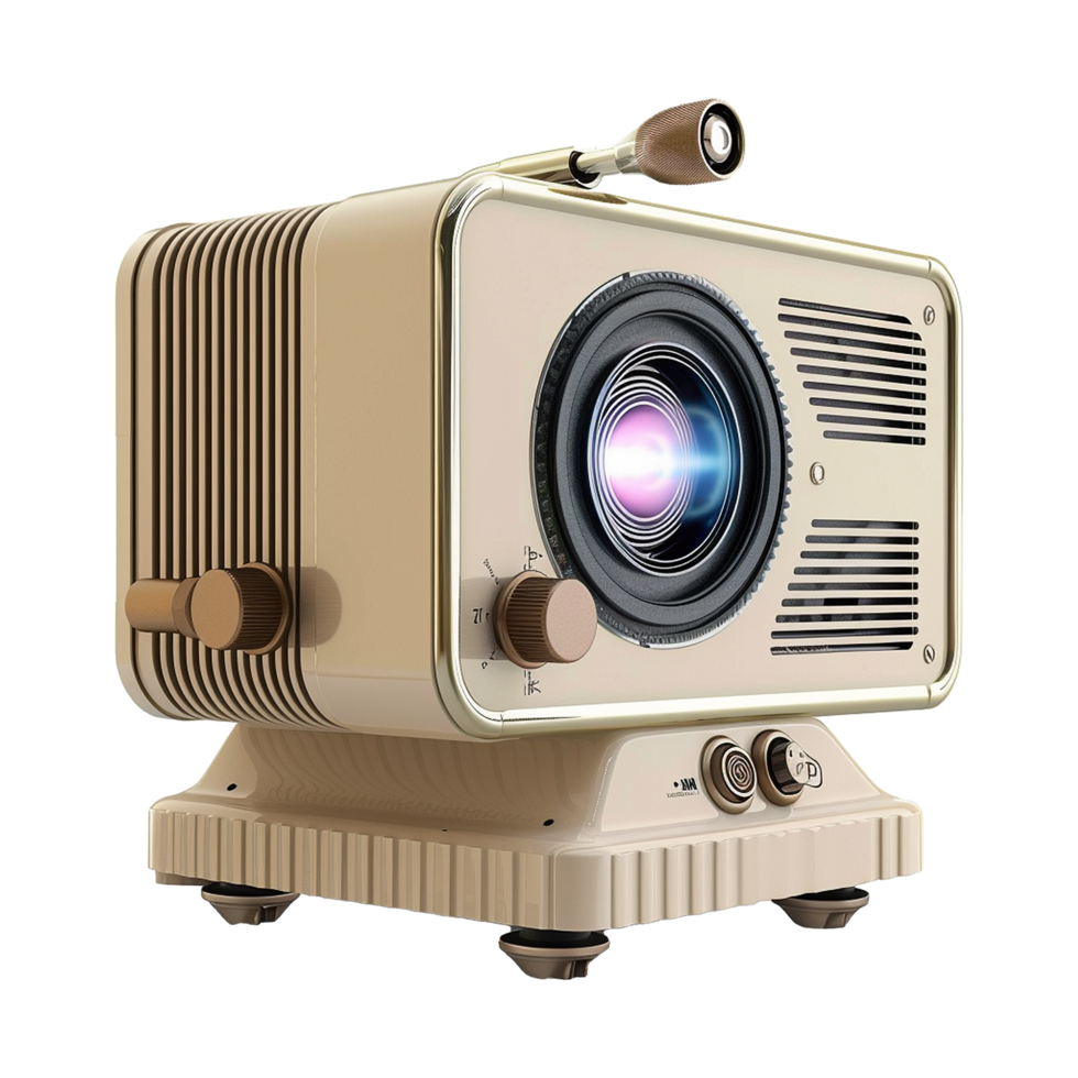 RetroStyled Cream Colored Projector with Vintage Design Elements and Focus Adjustment png
