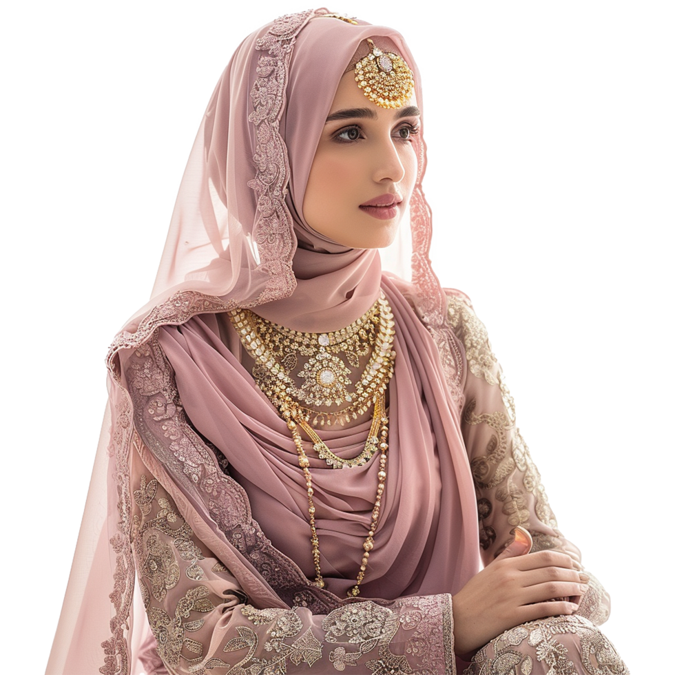 Elegant Muslim Woman in Dusty Rose Embroidered Dress and Gold Jewelry png