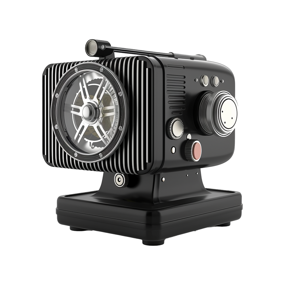 Retrostyled Black and Silver Vintage Projector Device with Multiple Controls and Speaker png